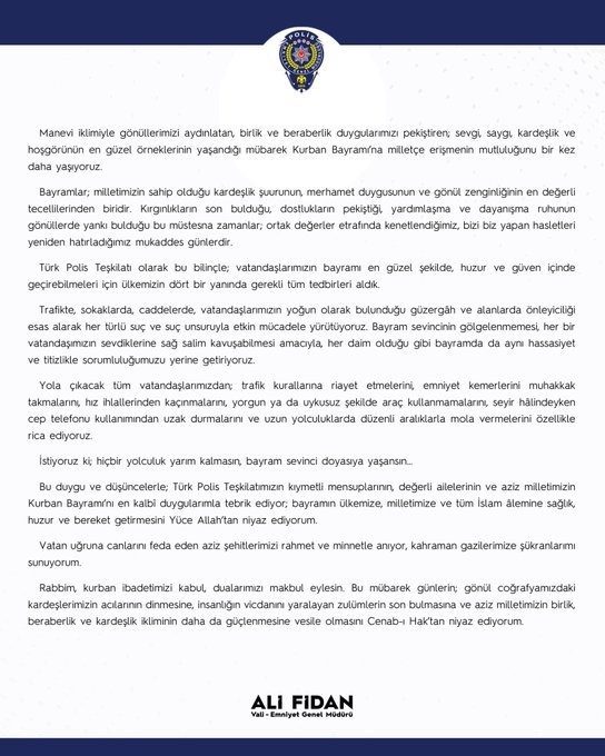 Emniyet Genel Müdürü Fidan’dan “Kurban Bayramı” mesajı