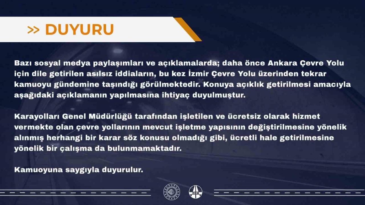İzmir Çevre Yolu’nun ücretli hale getirileceği iddialarına yalanlama