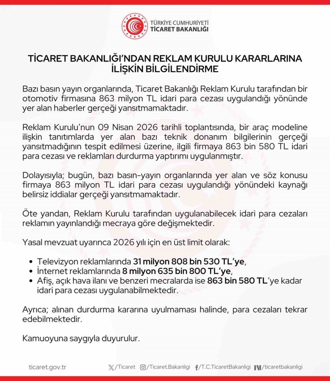 Ticaret Bakanlığı: “Bir otomotiv firmasına 863 milyon lira ceza uygulandığı haberleri gerçeği yansıtmamaktadır”
