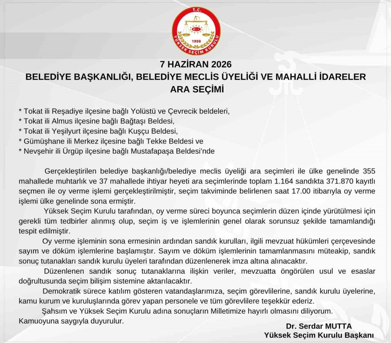 YSK Başkanı Mutta: “Yüksek Seçim Kurulu adına sonuçların mil